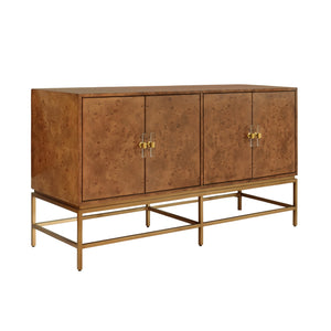 Ariel Four Door Buffet with Antique Brass Metal Base in Dark Burl Wood