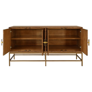 Ariel Four Door Buffet with Antique Brass Metal Base in Dark Burl Wood