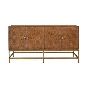 Ariel Four Door Buffet with Antique Brass Metal Base in Dark Burl Wood