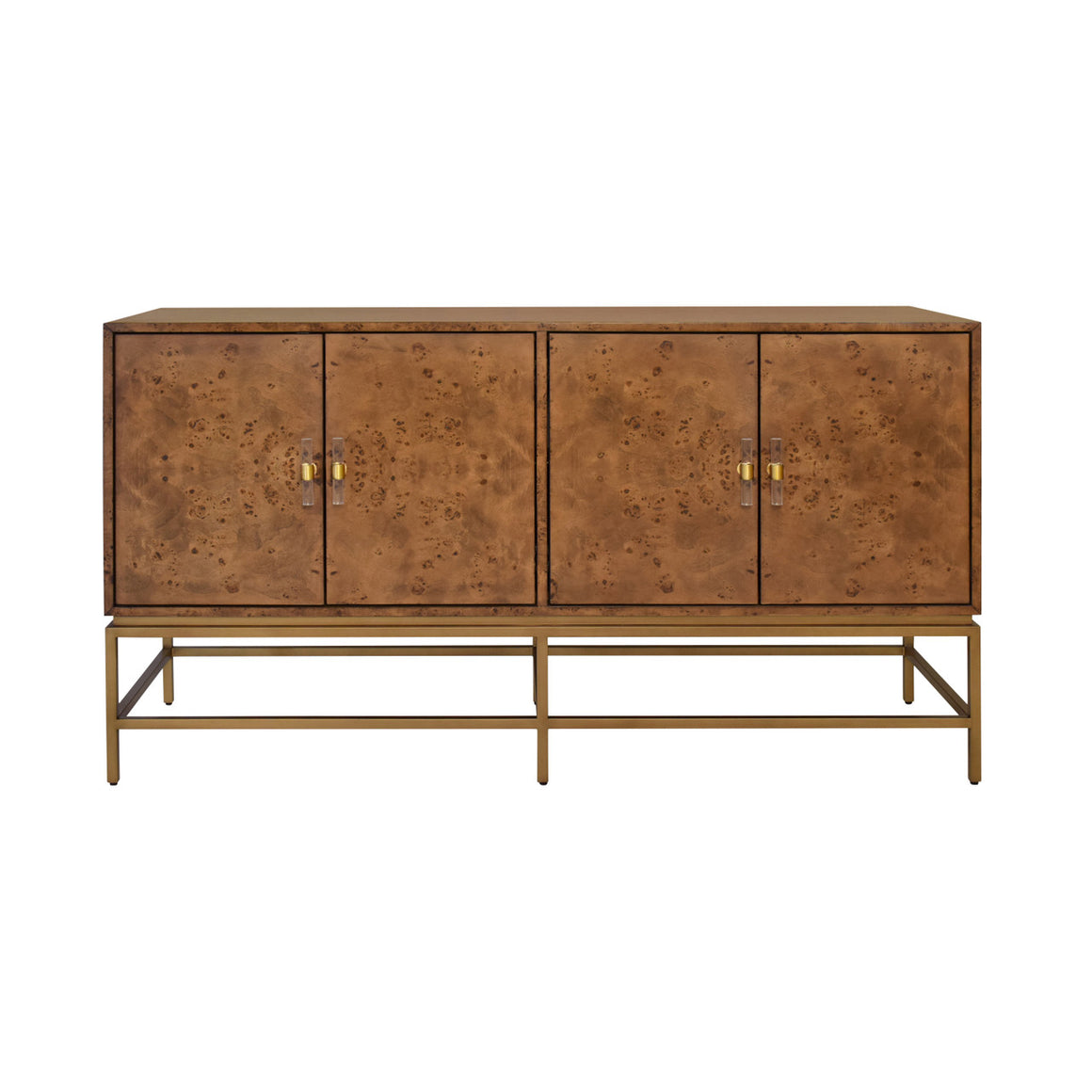 Ariel Four Door Buffet with Antique Brass Metal Base in Dark Burl Wood