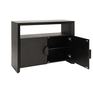 Two Door Console With Open Shelf In Black Painted Grasscloth With Black Oak Handles