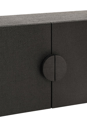 Two Door Console With Open Shelf In Black Painted Grasscloth With Black Oak Handles