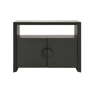 Two Door Console With Open Shelf In Black Painted Grasscloth With Black Oak Handles