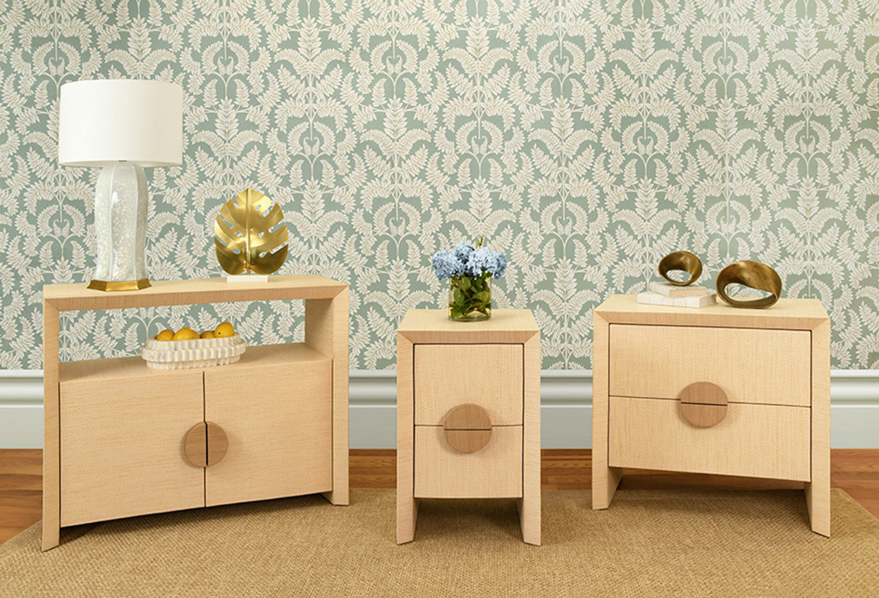 Ezra Two Drawer Side Table In Natural Grasscloth With Cerused Oak Handles