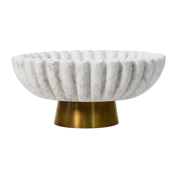 Round Fluted White Marble Bowl with Brass Base