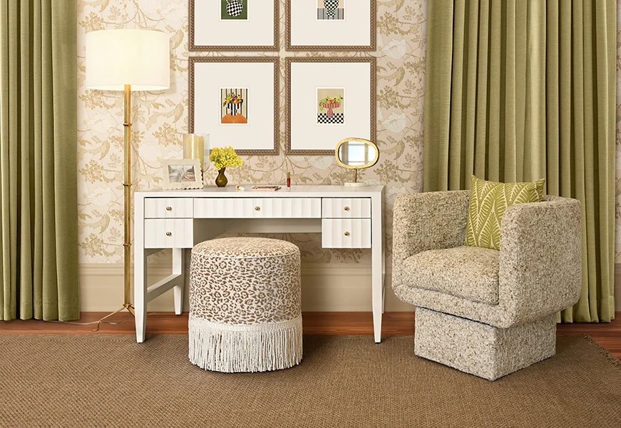 Five Drawer Fluted Desk With Polished Brass Hardware In Matte White Lacquer