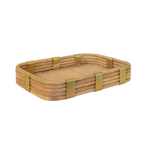 Barley Rectangular Natural Rattan Tray with Brass Rim and Rounded Corners