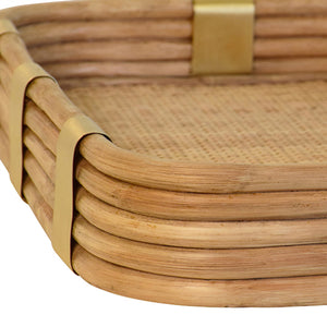 Barley Rectangular Natural Rattan Tray with Brass Rim and Rounded Corners