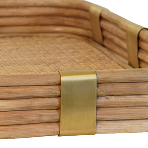 Barley Rectangular Natural Rattan Tray with Brass Rim and Rounded Corners