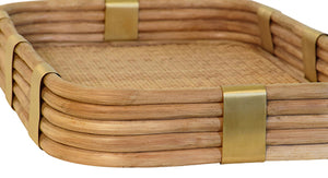 Barley Rectangular Natural Rattan Tray with Brass Rim and Rounded Corners