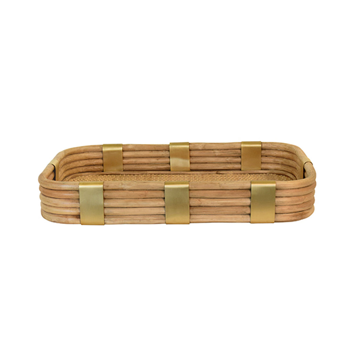 Barley Rectangular Natural Rattan Tray with Brass Rim and Rounded Corners