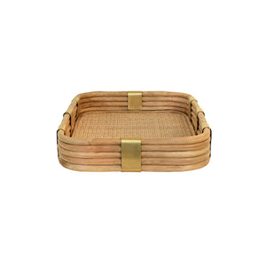 Barley Rectangular Natural Rattan Tray with Brass Rim and Rounded Corners