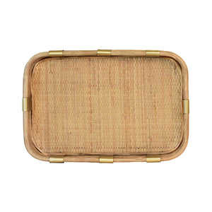 Barley Rectangular Natural Rattan Tray with Brass Rim and Rounded Corners