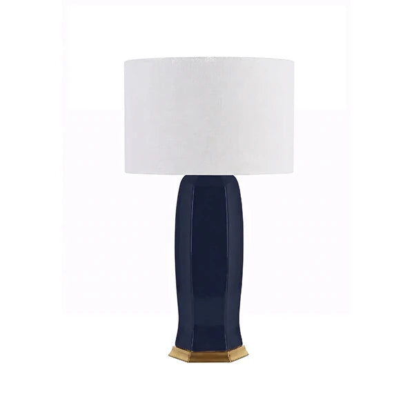 Ceramic Table Lamp With Satin Brass Base In Gloss Navy Glaze