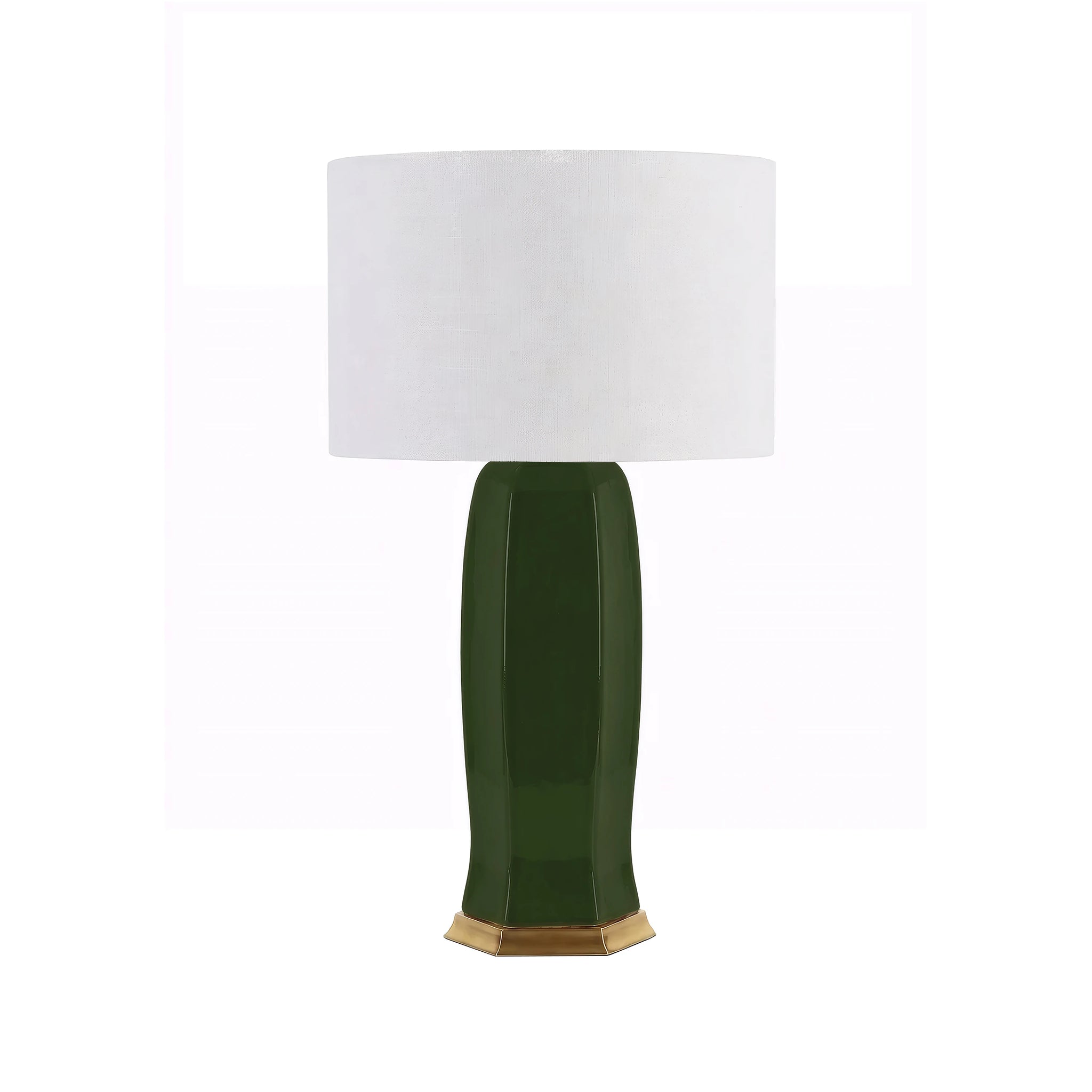 Hexagonal Ceramic Table Lamp With Satin Brass Base And White Linen Drum Shade In Olive Green Glaze