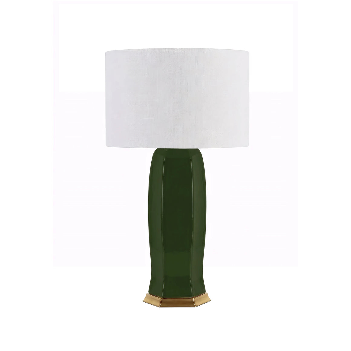 Hexagonal Ceramic Table Lamp With Satin Brass Base And White Linen Drum Shade In Olive Green Glaze