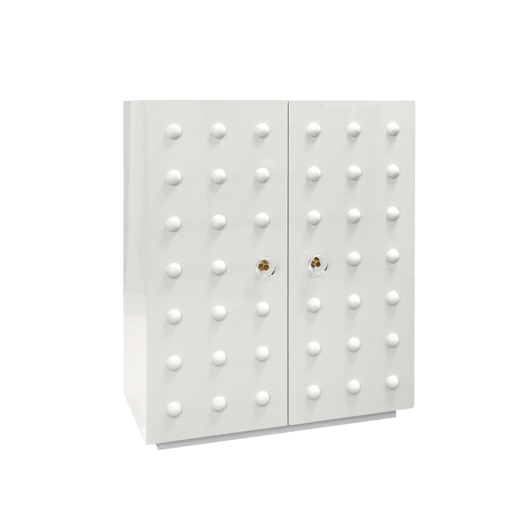 Beau Two Door Cabinet With Ball Stud Detail And Acrylic And Brass Hardware In White Lacquer