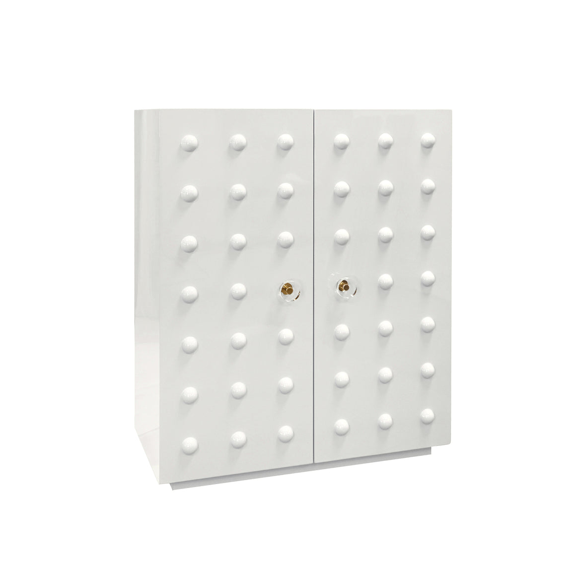 Beau Two Door Cabinet With Ball Stud Detail And Acrylic And Brass Hardware In White Lacquer