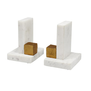 Blocks Pair of White Marble Bookends with Brass Square Detail