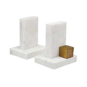 Blocks Pair of White Marble Bookends with Brass Square Detail