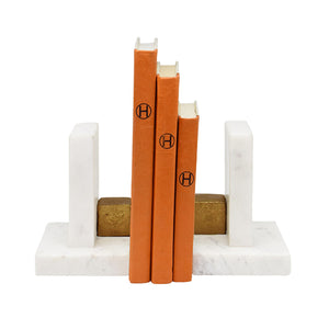 Blocks Pair of White Marble Bookends with Brass Square Detail
