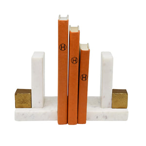 Blocks Pair of White Marble Bookends with Brass Square Detail