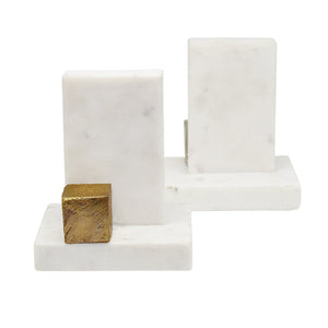 Blocks Pair of White Marble Bookends with Brass Square Detail