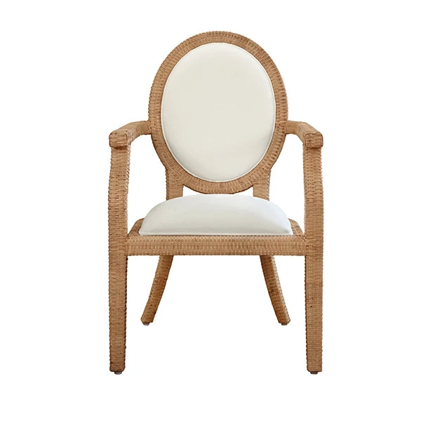 Rattan Wrapped Cameo Back Armed Dining Chair With Performance Ivory Linen Upholstery