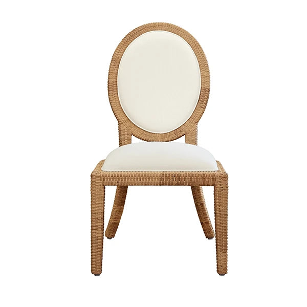 Rattan Wrapped Cameo Back Dining Chair With Performance Ivory Linen Upholstery