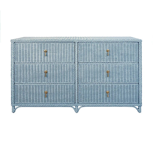 Six Drawer Chest In Fully Wrapped Painted Light Blue Rattan With Satin Brass Pulls