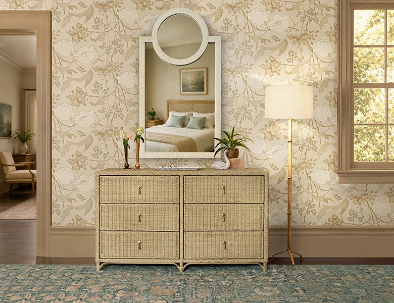 Rattan Wrapped Mirror With Circle Detail In Painted Antique White