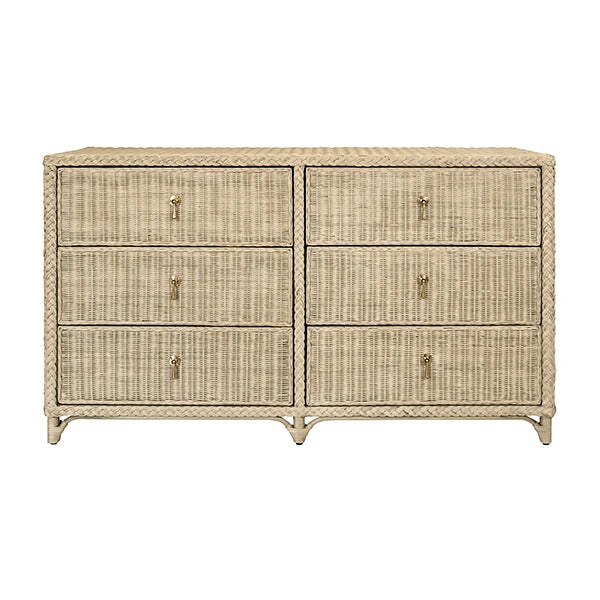 Six Drawer Chest In Fully Wrapped Rattan With Satin Brass Pulls