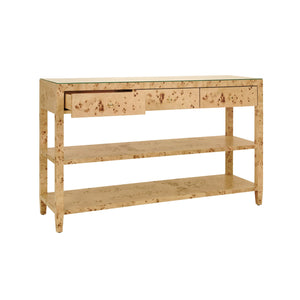 Three Drawer Console With Two Open Shelves In Burl Wood With Polished Brass Knobs