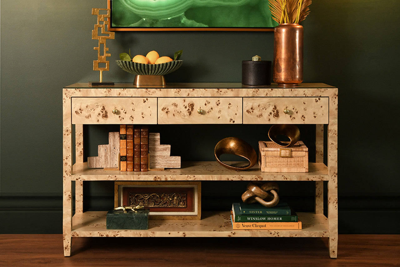 Three Drawer Console With Two Open Shelves In Burl Wood With Polished Brass Knobs