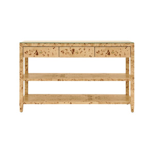 Three Drawer Console With Two Open Shelves In Burl Wood With Polished Brass Knobs