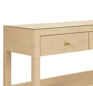 Briar Three Drawer Console - Natural Grasscloth With Polished Brass Knobs