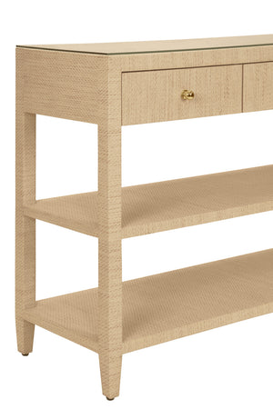 Briar Three Drawer Console - Natural Grasscloth With Polished Brass Knobs