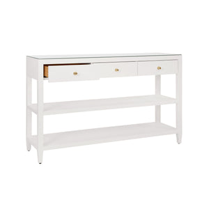 Briar Three Drawer Console -White Textured Linen With Polished Brass Knobs