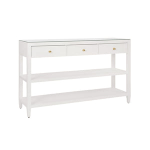 Briar Three Drawer Console -White Textured Linen With Polished Brass Knobs