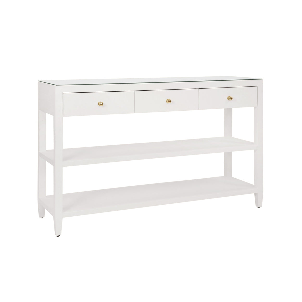 Briar Three Drawer Console -White Textured Linen With Polished Brass Knobs