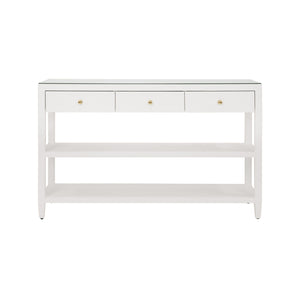 Briar Three Drawer Console -White Textured Linen With Polished Brass Knobs