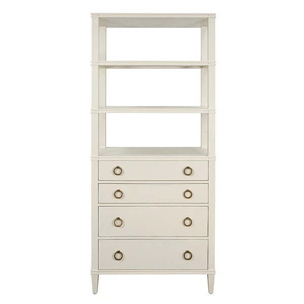Four Drawer Etagere With Antique Brass Ring Hardware In Matte Antique White Lacquer