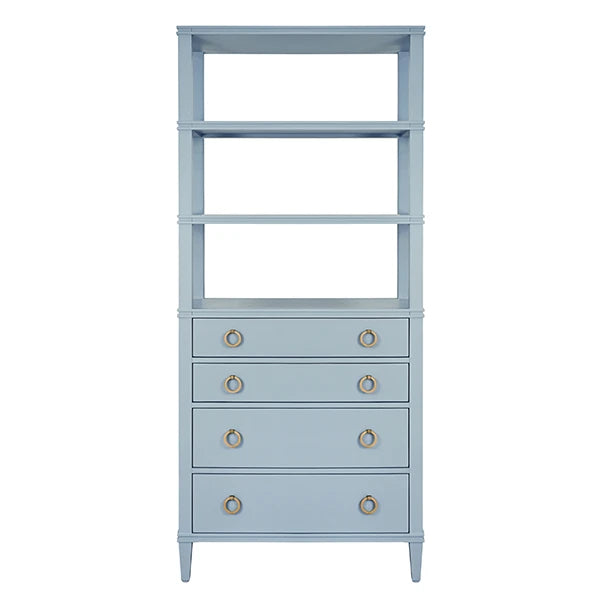 Four Drawer Etagere With Antique Brass Ring Hardware In Matte Light Blue Lacquer