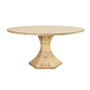 Bryce Round Dining Table With Hexagonal Tapered Base In Burl Wood