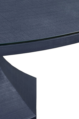 Bryce Round Dining Table With Hexagonal Tapered Base In Navy Textured Linen