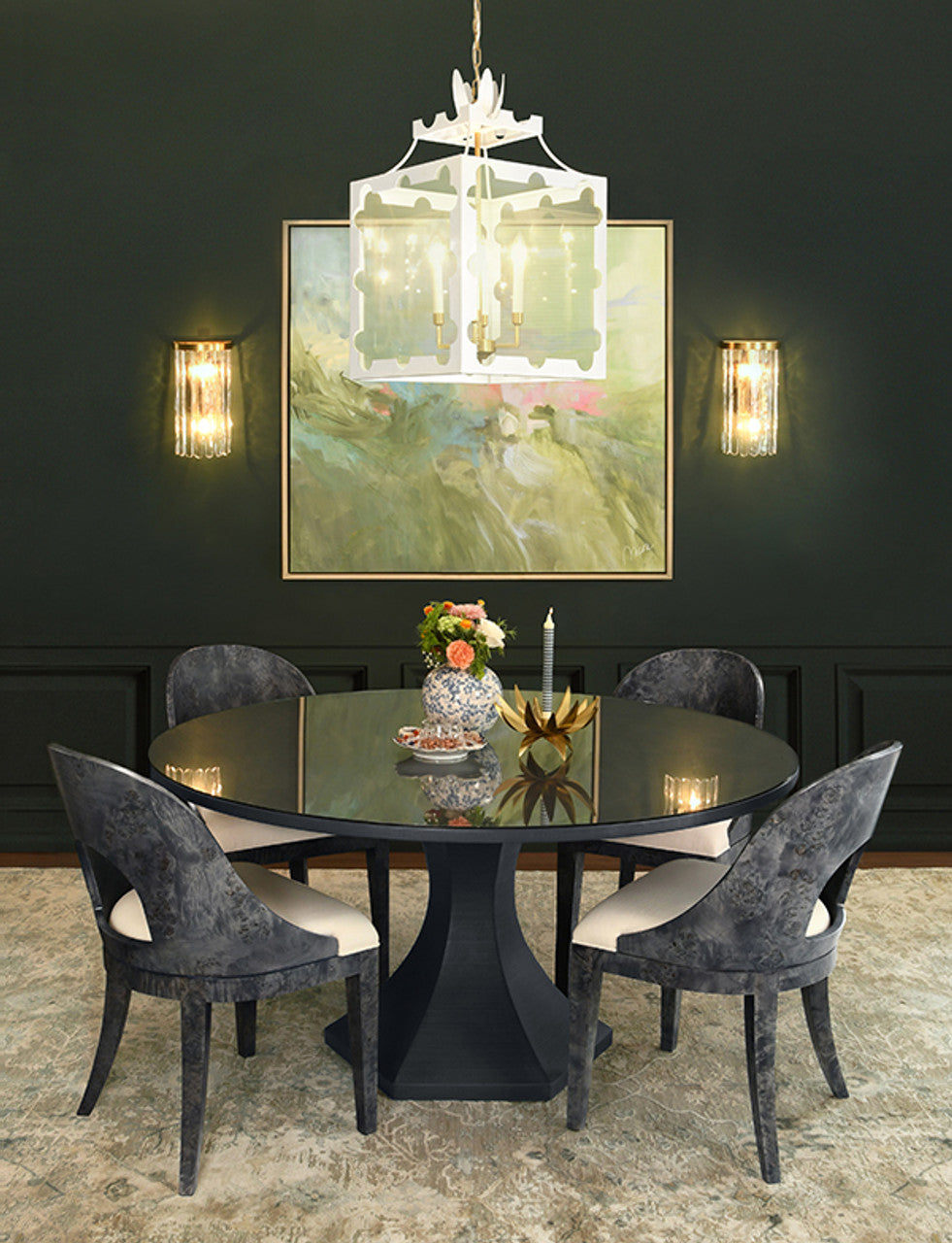 Bryce Round Dining Table With Hexagonal Tapered Base In Navy Textured Linen