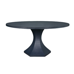 Bryce Round Dining Table With Hexagonal Tapered Base In Navy Textured Linen