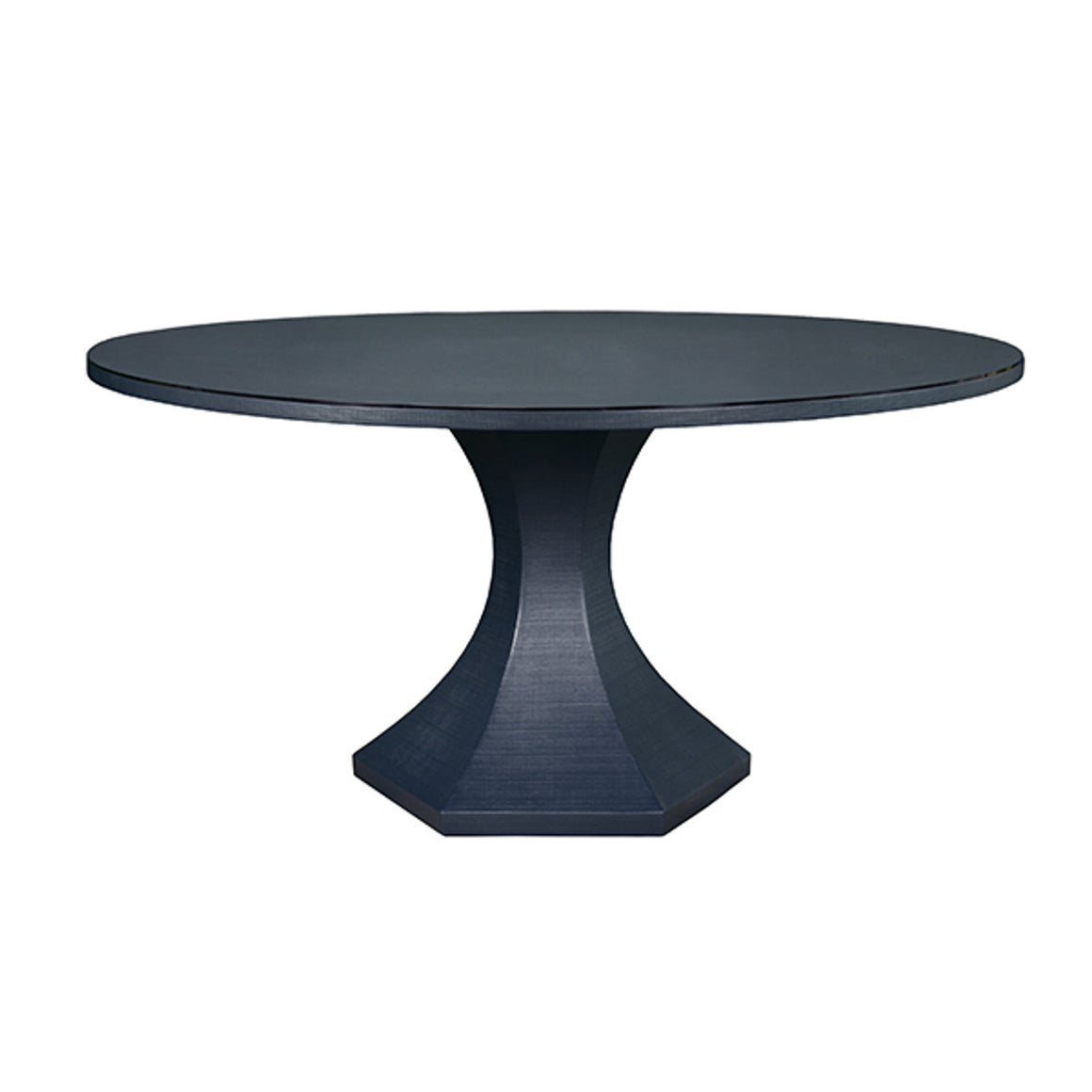 Bryce Round Dining Table With Hexagonal Tapered Base In Navy Textured Linen