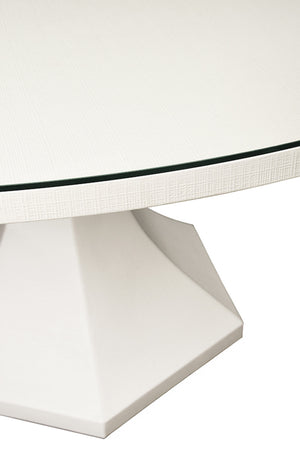 Bryce Round Dining Table With Hexagonal Tapered Base In White Textured Linen