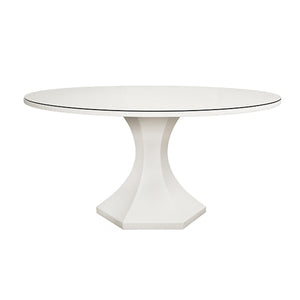 Bryce Round Dining Table With Hexagonal Tapered Base In White Textured Linen
